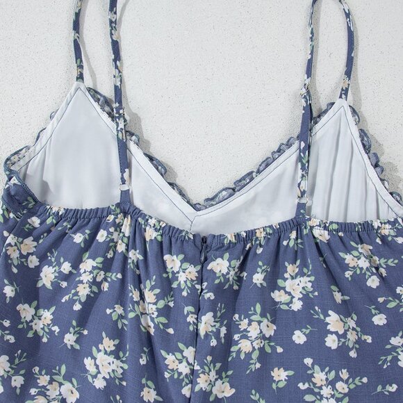 B266 Blue Floral Spaghetti Strap Frilled V Neck Tiered Midi Dress - Picture 13 of 16